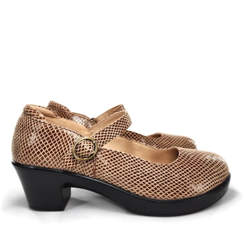 Alegria Harper Burnished Tan & Brown Textured Snake Print Mary-Jane Clog Loafers